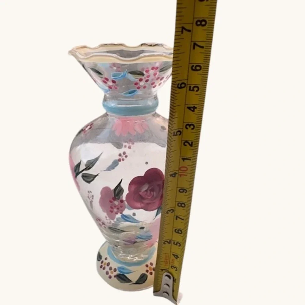 Pfaltzgraff Hand‎ Painted Floral Glass Vase Pink Rose Ruffled Rim Pedestal 7.5in